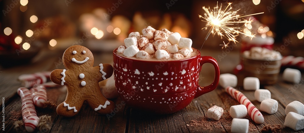 Cozy festive scene with hot chocolate topped with marshmallows gingerbread man and sparkler on rustic wooden table with bokeh lights Cozy festive scene with hot chocolate topped with marshmallows gingerbread man and sparkler on rustic wooden table with bokeh lights