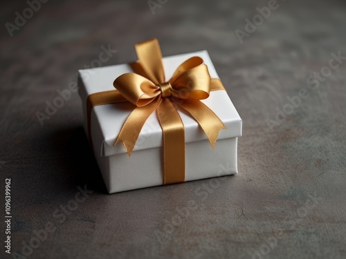 White gift box with gold ribbon on a dark background. Close up.