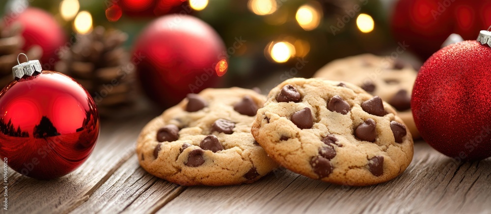 Festive chocolate chip cookies with Christmas ornaments on a rustic wooden table adorned with warm holiday lights Festive chocolate chip cookies with Christmas ornaments on a rustic wooden table adorned with warm holiday lights