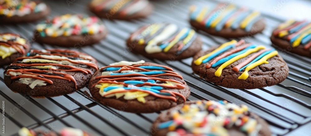 Fototapeta premium Colorful decorated cookies cooling on a wire rack showcasing delightful frosting designs and tempting textures for dessert inspiration.