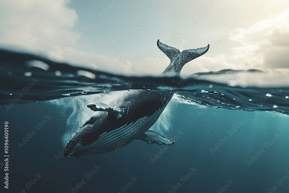Fototapeta premium Fantastically beautiful majestic huge whale in blue ocean