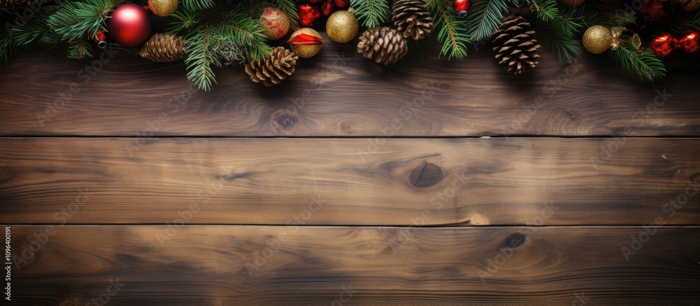 Rustic Christmas decoration frame on wooden table with fir branches pine cones and festive ornaments ideal for holiday themed backgrounds Rustic Christmas decoration frame on wooden table with fir branches pine cones and festive ornaments ideal for holiday themed backgrounds