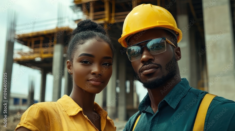 A confident couple poses at a construction site, showcasing teamwork and professionalism. A confident couple poses at a construction site, showcasing teamwork and professionalism.