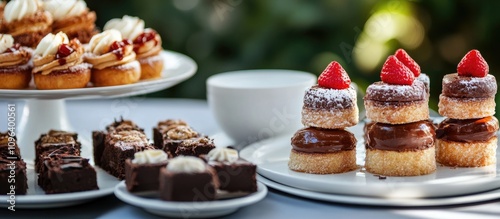 Elegant dessert display featuring gourmet pastries and cakes with fresh strawberries in a beautifully arranged dining setting photo