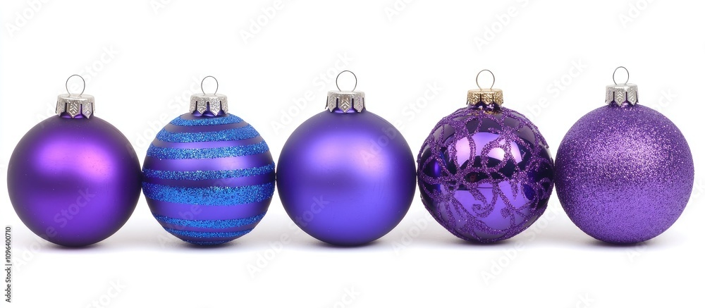 Elegant blue and purple Christmas ornaments arranged symmetrically on a bright white background perfect for festive designs and holiday decor.