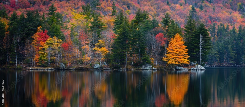 Naklejka premium Vibrant autumn landscape reflecting colorful foliage on serene lake surrounded by lush trees and stunning natural scenery