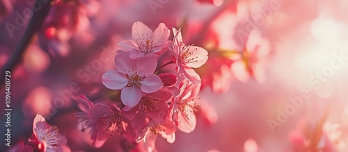 Cherry blossom tree in full bloom with soft pink petals illuminated by warm sunlight in a serene spring atmosphere photo