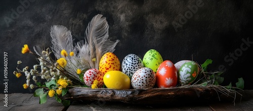 Easter egg arrangement with colorful decorated eggs and natural elements on a wooden surface against a dark background photo