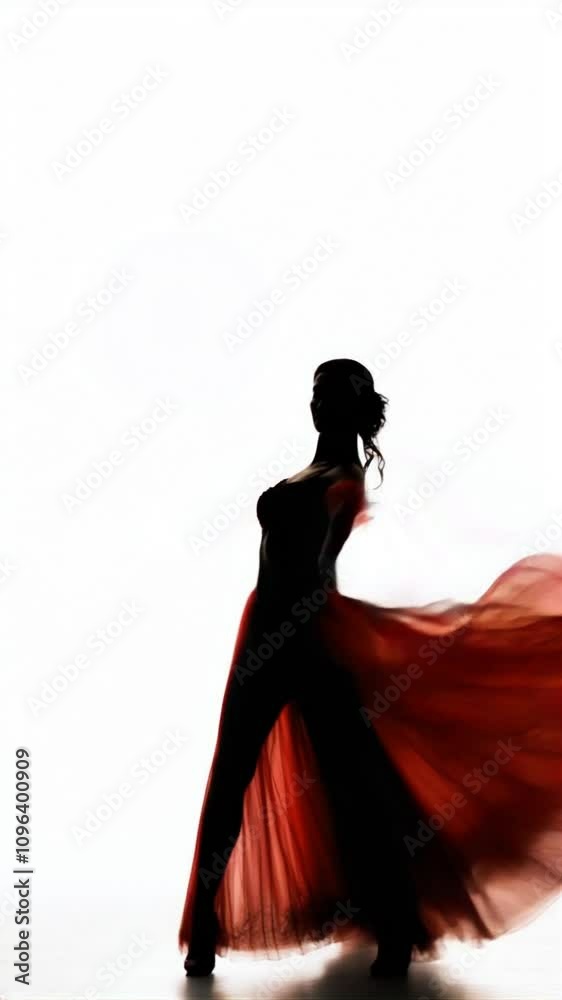 Backlit silhouette of a ballerina in red skirt dancing on white background. HD video. Slow motion. Backlit silhouette of a ballerina in red skirt dancing on white background. HD video. Slow motion.