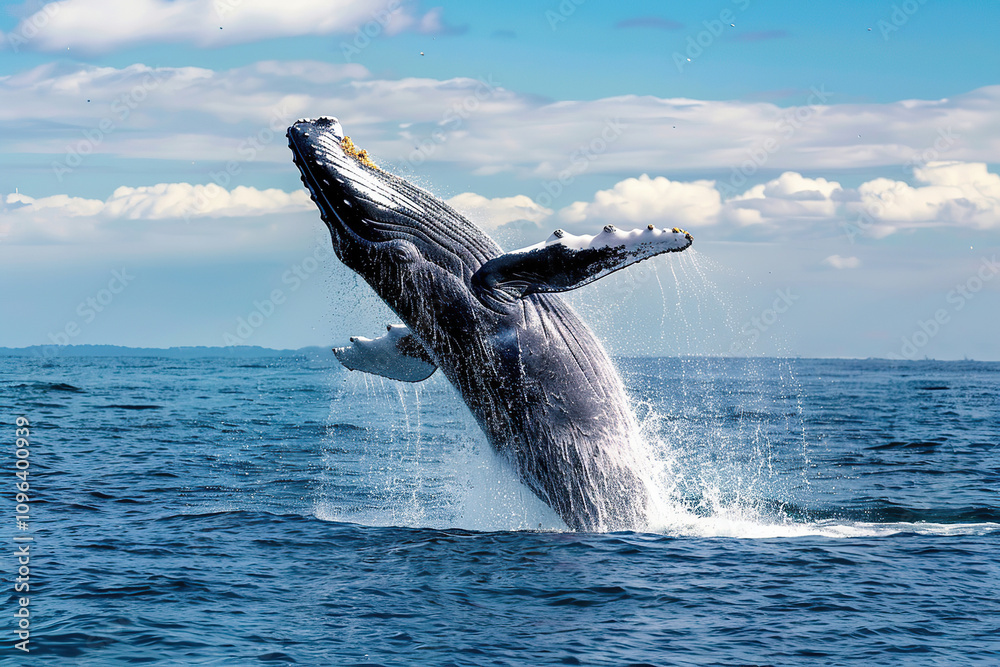 Fototapeta premium Fantastically beautiful majestic huge whale in blue ocean