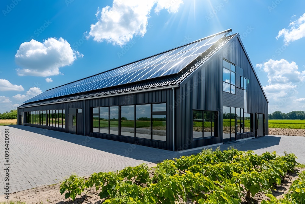 Obraz premium A black warehouse with solar panels on the roof, surrounded by fields and a blue sky in the summer. The sun is shining brightly over it