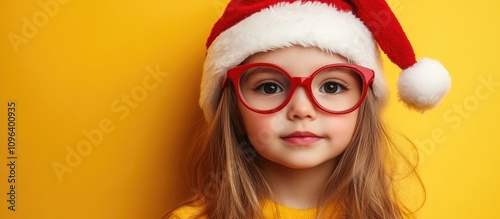 Young girl with red glasses and Santa hat posing against a vibrant yellow background for festive holiday visual appeal photo