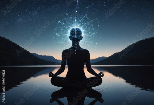 silhouette of a person meditating, neural connections forming brain above head