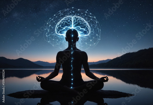 silhouette of a person meditating, neural connections forming brain above head
