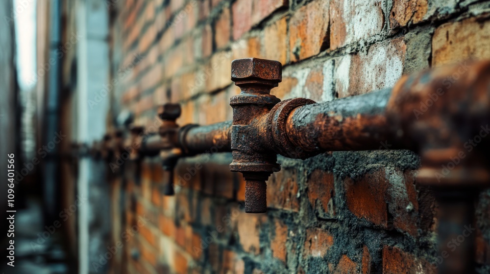 Rusty pipes along a brick wall, showcasing industrial decay and urban environment. Rusty pipes along a brick wall, showcasing industrial decay and urban environment.