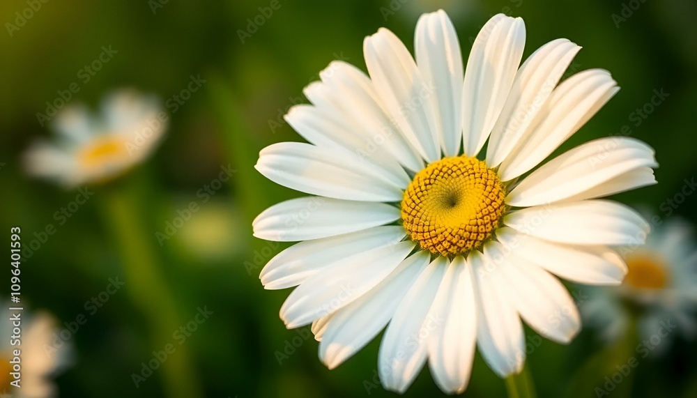 Fototapeta premium Beautiful close-up of a daisy flower illuminated by warm sunlight in a natural setting 