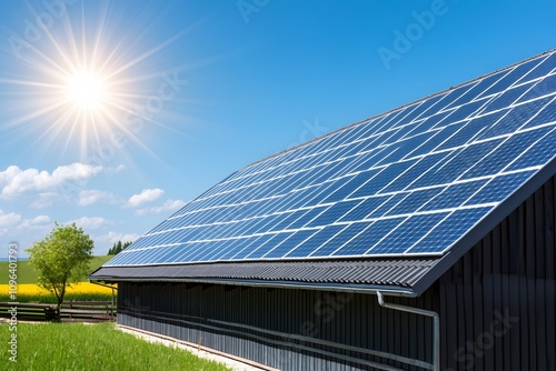 Wallpaper Mural A black warehouse with solar panels on the roof, surrounded by fields and a blue sky in the summer. The sun is shining brightly over it Torontodigital.ca