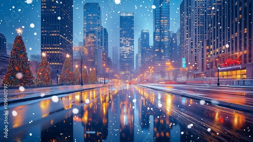 Festive Cityscape Winter Evening Christmas Lights Reflections photo