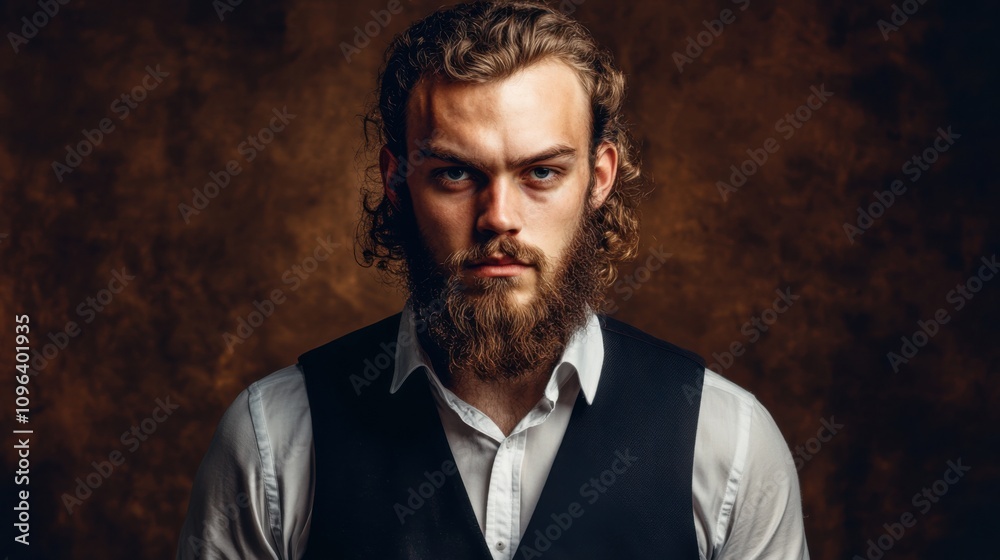 A young man sporting curly hair and a beard, in a white shirt and a black vest.