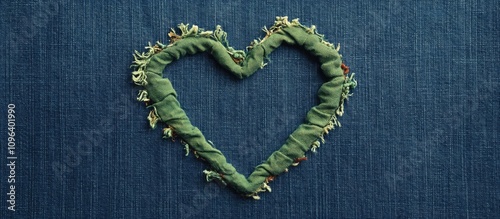 Tattered green heart patch on denim background showcasing textile artistry and creativity in design elements photo