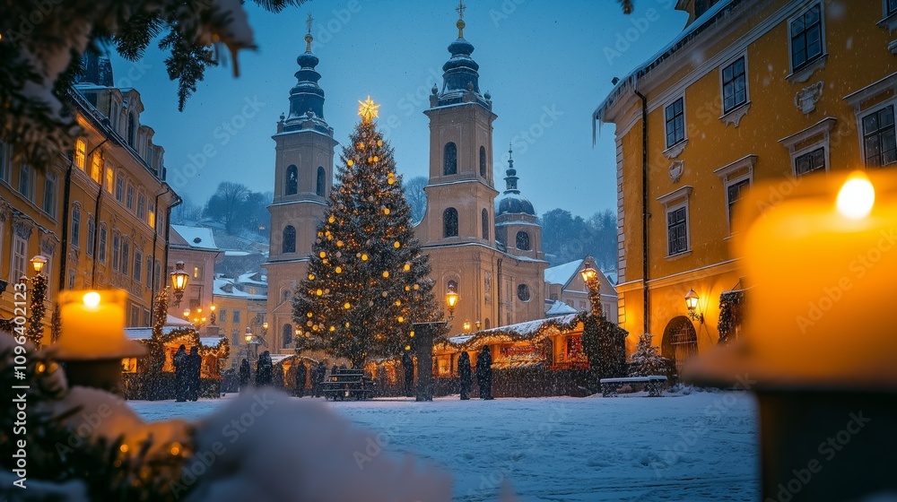 Fototapeta premium Cozy Town Christmas Tree Lighting Warm Candlelight