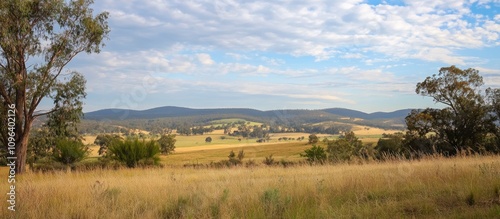 Stunning panoramic view of open countryside showcasing golden fields and rolling hills against a vibrant sky on an inland road.