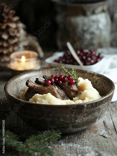 Finnish poronkäristys (sautéed reindeer) with mashed potatoes and lingonberries, served in a rustic bowl photo