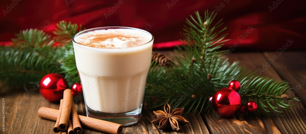 Festive eggnog in a glass surrounded by holiday decorations cinnamon sticks and fir tree branches on a rustic wooden table Festive eggnog in a glass surrounded by holiday decorations cinnamon sticks and fir tree branches on a rustic wooden table
