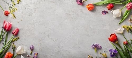 Vibrant spring tulips and irises framing a gray background ideal for text placement and promotional materials