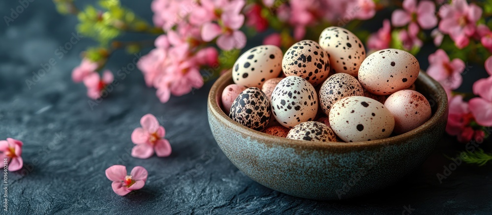 Obraz premium Decorative bowl of speckled quail eggs surrounded by pink flowers for Easter celebration and springtime festivities