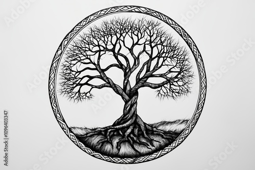Artistic tattoo featuring the tree of life and detailed patterns