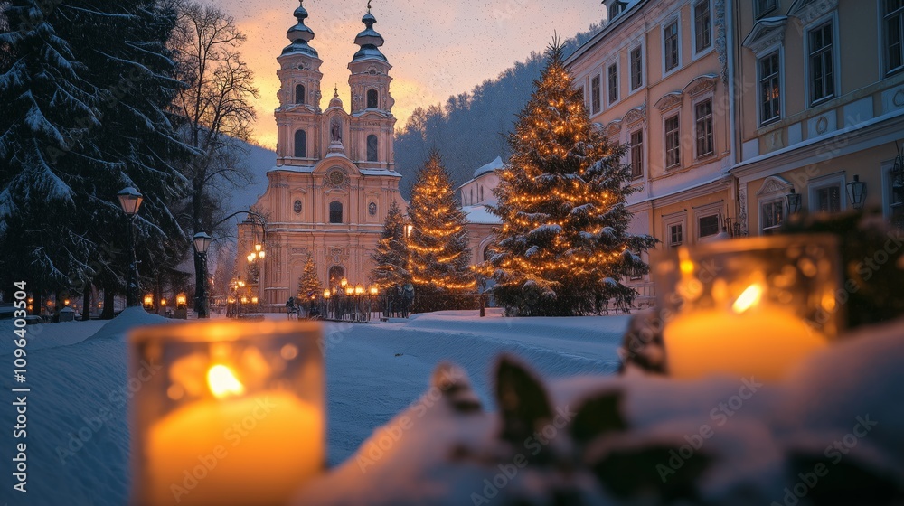 Fototapeta premium Magical Town Christmas Tree Lighting Warm Candlelight