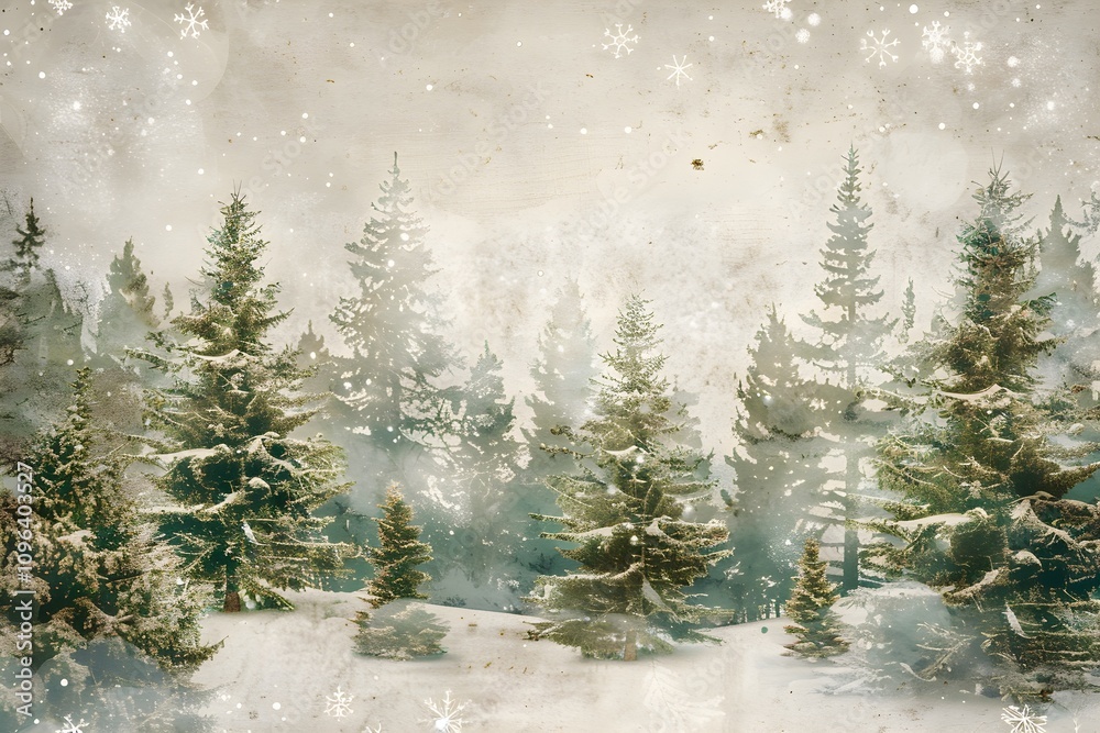 Fototapeta premium A serene winter landscape featuring snow-covered evergreen trees and a soft, dreamy atmosphere.