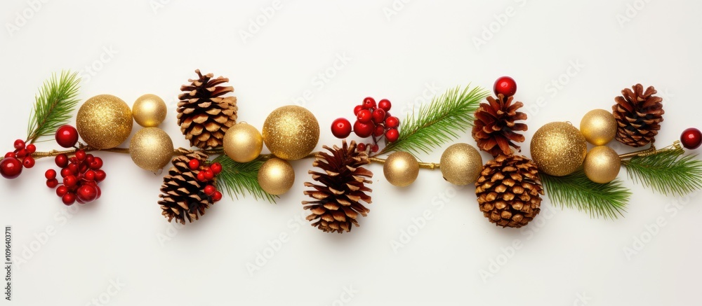 Holiday bauble and pine cone arrangement featuring red berries and greenery viewed from above perfect for festive seasonal decor Holiday bauble and pine cone arrangement featuring red berries and greenery viewed from above perfect for festive seasonal decor
