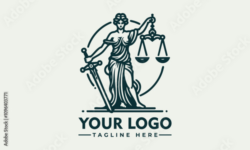 It depicts Lady Justice holding sword scales representing justice Depiction of Lady Justice holding sword scales portraying justice; suitable for legal, judicial, equality, and fairnessthemed designs