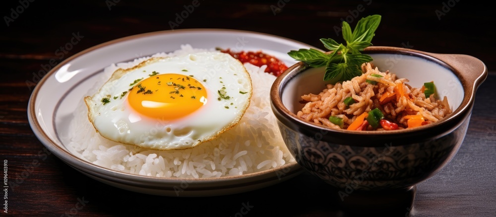 Boiled rice with fried egg and side dishes in elegant presentation on wooden table Boiled rice with fried egg and side dishes in elegant presentation on wooden table