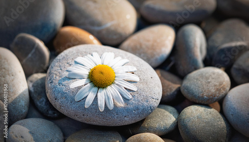 A single white daisy flower rests delicately on a smooth grey beach pebble among a collection of other stones.