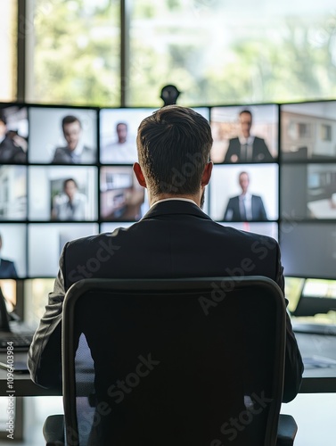 Businessman Leading Virtual Meeting on Multiple Screens - Busy executive conducts online conference, video call, teamwork, global communication, modern technology. photo