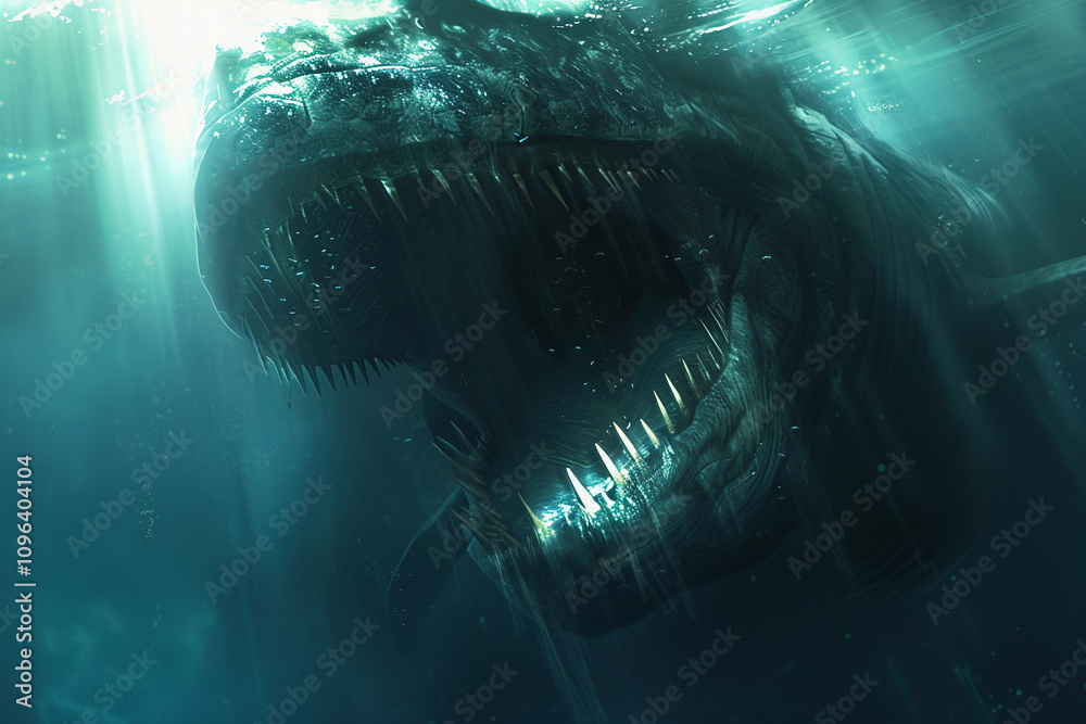 Fototapeta premium Terrifying scary sea monster in dark depths of deep ocean