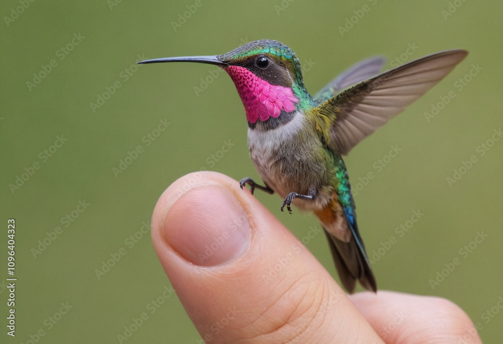 Fototapeta premium pink colibri on someone's finger 