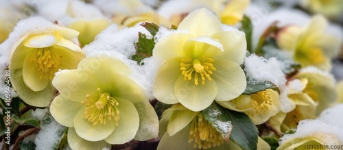 Close up of Hellebore Christmas Rose flowers dusted with snow in a winter garden showcasing delicate white and yellow petals.