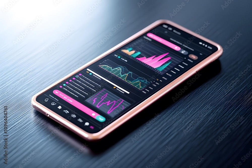 A mobile screen displaying financial data, graphs, and charts on a black background with pink highlights A mobile screen displaying financial data, graphs, and charts on a black background with pink highlights