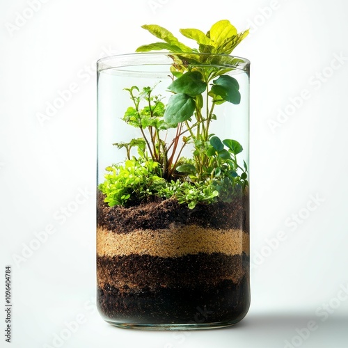 Glass terrarium with layered soil, various plants. photo