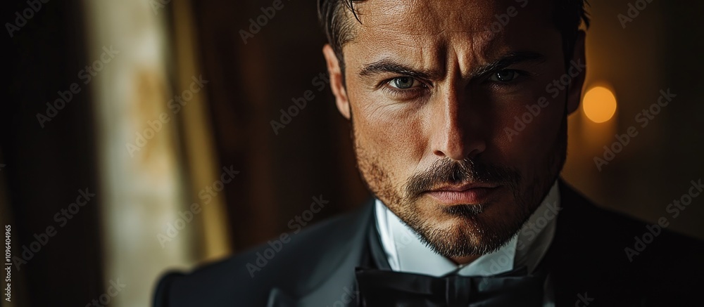 Elegant man in tuxedo showcasing a serious expression in a softly lit luxurious environment with warm background bokeh.