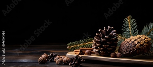 Dried dessert spices and pine cones arranged on a wooden table with evergreen accents in a dark rustic setting. photo