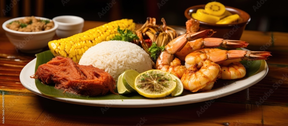 Colombian traditional seafood platter featuring shrimp rice corn and tropical fruits vibrant and flavorful culinary experience Colombian traditional seafood platter featuring shrimp rice corn and tropical fruits vibrant and flavorful culinary experience