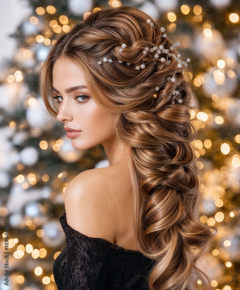 New Year's hairstyle with intricate braids and soft curls, evening party setting, close-up detail
New Year's hairstyle with intricate braids and soft curls, evening party setting, close-up detail