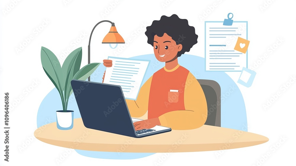 A Person Working on Laptop with Documents - Focused and Productive Work Environment Illustration A Person Working on Laptop with Documents - Focused and Productive Work Environment Illustration