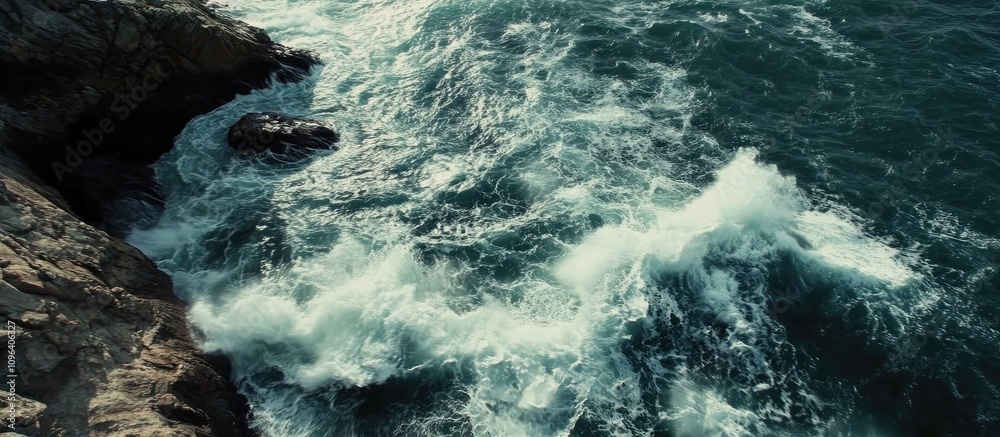 Aerial view of ocean waves crashing against rugged coastal rocks showcasing natural beauty and dynamic water movement. Aerial view of ocean waves crashing against rugged coastal rocks showcasing natural beauty and dynamic water movement.