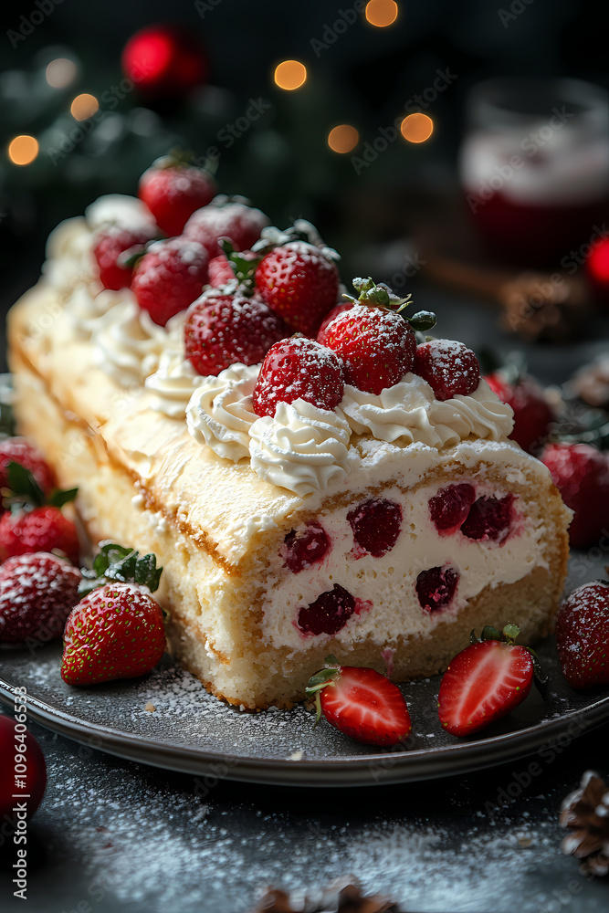 Strawberry cream roulade on a cake plate, fresh strawberries and whipped cream around, cheerful christmas kitchen vibe Strawberry cream roulade on a cake plate, fresh strawberries and whipped cream around, cheerful christmas kitchen vibe